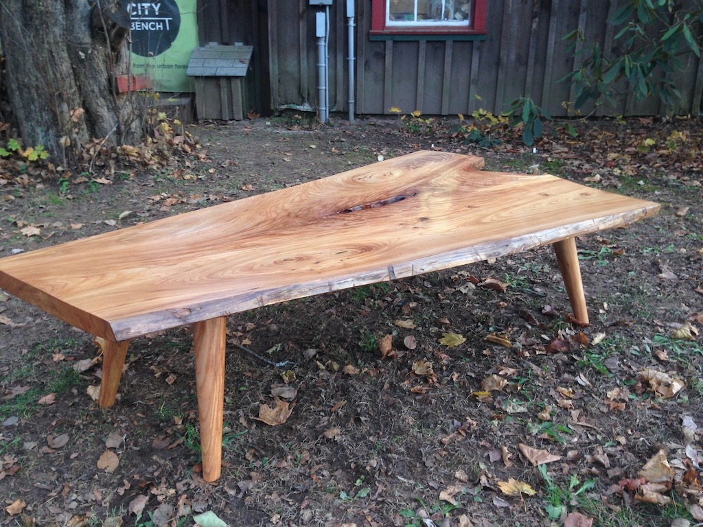 live edge wood bench from urban salvage wood and high recycled content  steel - modern industrial — birdloft